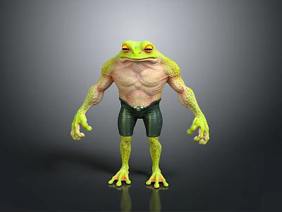 Green Frog With Muscular Body Wearing Black Shorts And Yellow Eyes On Gray Background 3d model