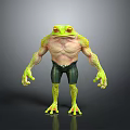 Green Frog With Muscular Body Wearing Black Shorts And Yellow Eyes On Gray Background