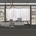 Modern Office Interior With Desk Green Cabinets And Chairs Textured Backdrop White Bookshelves Pendant Lights