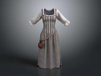 Vintage Gray Striped Dress With Belted Waist Long Sleeves And Pouch 3d model