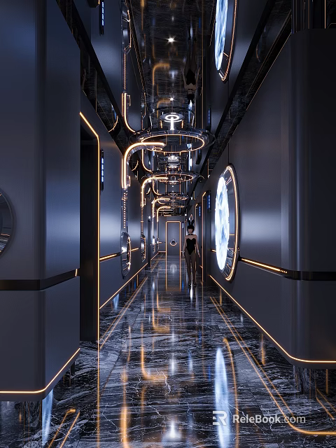 Futuristic KTV Corridor With Metallic Pipes Marble Floor And Modern Lighting 3d model 