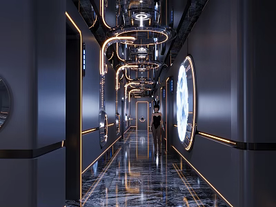 Futuristic KTV Corridor With Metallic Pipes Marble Floor And Modern Lighting 3d model