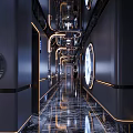 Futuristic KTV Corridor With Metallic Pipes Marble Floor And Modern Lighting