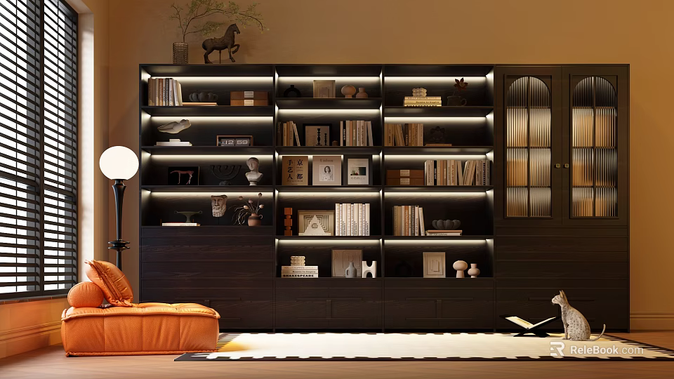 Elegant Dark Wooden Bookshelf Interior With Built-in Lighting And Decorative Items 3d model 