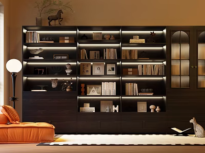 Elegant Dark Wooden Bookshelf Interior With Built-in Lighting And Decorative Items 3d model