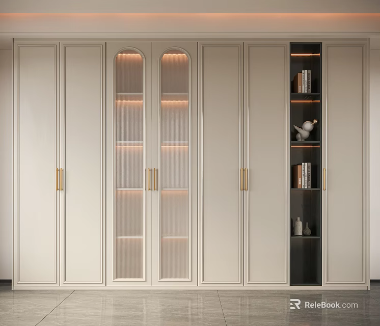 Modern Wine Cabinet With Glass Doors Display Shelves Brass Handles And Interior Lighting 3d model 