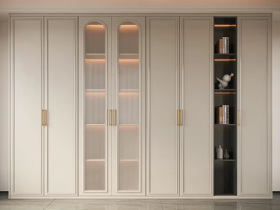 Modern Wine Cabinet With Glass Doors Display Shelves Brass Handles And Interior Lighting 3d model