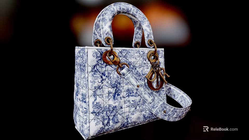 Stylish Blue And White Patterned Handbag With Metal Hardware And Structured Handle 3d model 