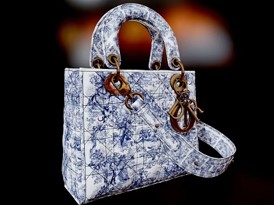 Stylish Blue And White Patterned Handbag With Metal Hardware And Structured Handle 3d model