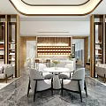Luxurious Modern Sales Office Lobby With Crystal Chandelier Marble Wall Landscape Pattern And Wooden Grilles