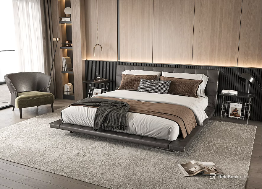 Elegant Modern Double Bed with Wooden Panel Headboard Brown White Bedding and Throw Blanket 3d model 