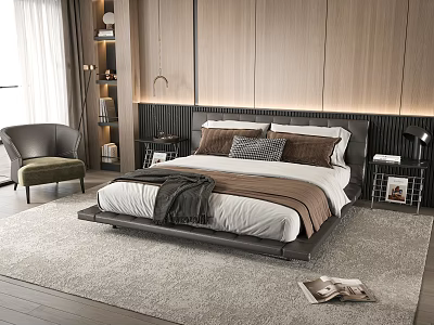Elegant Modern Double Bed with Wooden Panel Headboard Brown White Bedding and Throw Blanket 3d model