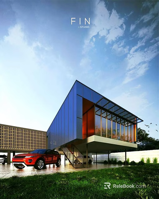 Modern Detached Villa with Blue Facade Large Glass Windows and Contemporary Design 3d model 