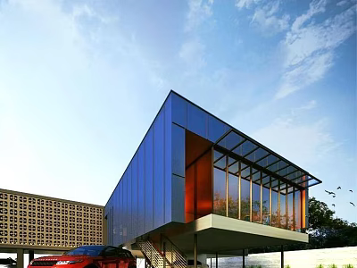 Modern Detached Villa with Blue Facade Large Glass Windows and Contemporary Design 3d model
