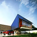 Modern Detached Villa with Blue Facade Large Glass Windows and Contemporary Design