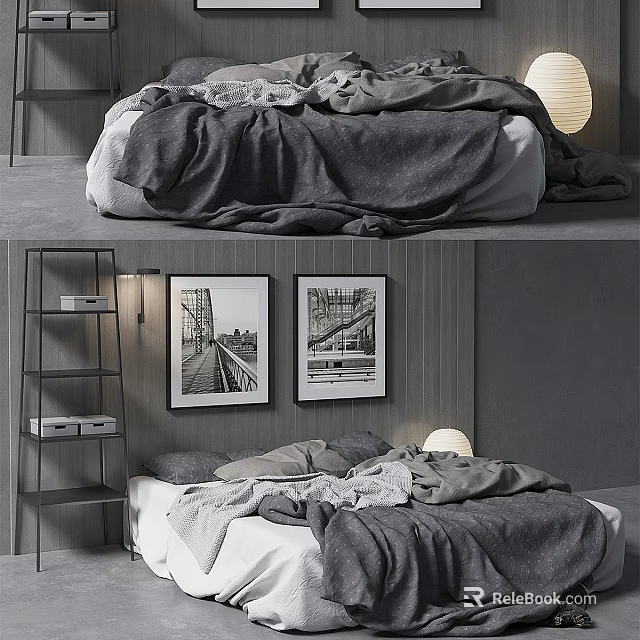 Modern Double Bed Interior Design With Gray Bedding Decorative Prints And Cozy Shelving 3d model 