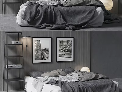 Modern Double Bed Interior Design With Gray Bedding Decorative Prints And Cozy Shelving 3d model