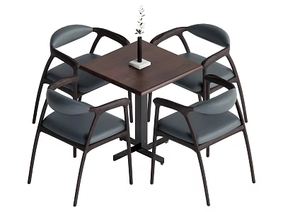 Modern Wooden Dining Table And Chair Set With Four Gray Upholstered Chairs And Small Centerpiece 3d model