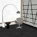 Modern Interior Design With White Blinds Curved Floor Lamp Beige Armchair Side Table Black Geometric Shelves