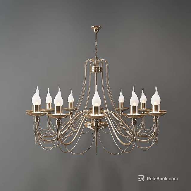 Elegant Golden Chandelier With Multiple Candle Shaped Bulbs And Curved Metal Wires 3d model 