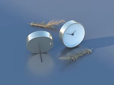 Silver Round Table Clock With Matching Base And Feathers On Blue Background 3d model