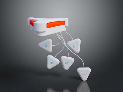 White Tech Device With Red Accent And Hanging Triangular Components With Blue Logos 3d model