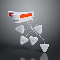 White Tech Device With Red Accent And Hanging Triangular Components With Blue Logos