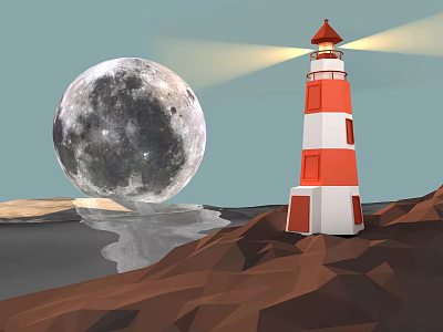 Red And White Lighthouse On Rocky Shore With Large Moon Water Reflection And Light Beams 3d model