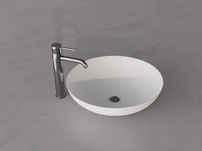Modern White Round Above Counter Washbasin with Silver Faucet on Gray Countertop 3d model