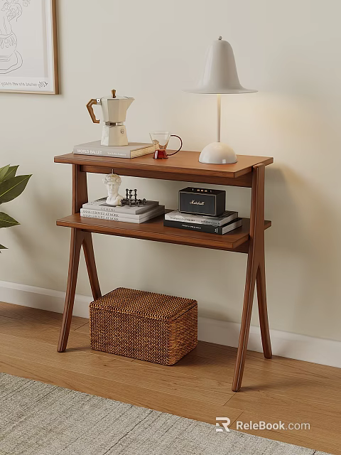 Two Tier Wooden Side Table with Coffee Pot Table Lamp Books and Wicker Basket 3d model 