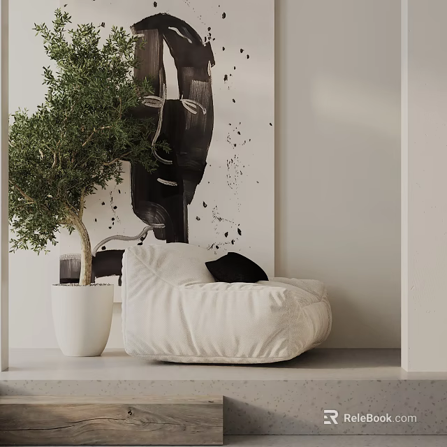 Cozy White Leisure Chair With Black Cushion Green Plant And Abstract Painting On Wall 3d model 