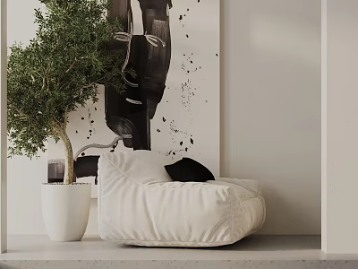Cozy White Leisure Chair With Black Cushion Green Plant And Abstract Painting On Wall 3d model