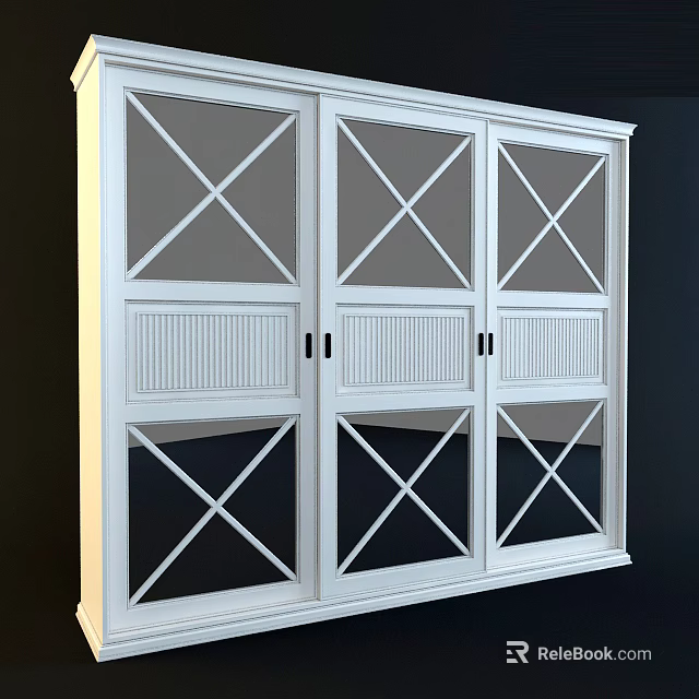 Elegant White Wardrobe Featuring Cross Pattern Doors And Vertical Panel Design 3d model 
