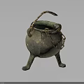 Ancient Bronze Household Vessel With Three Legs And Chain Handle Design