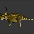Triceratops Standing On Dark Surface With Yellow Brown Striped Body Horns Frill And Open Mouth