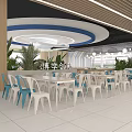 Modern Dining Hall Interior With Round Tables Chairs Central Column Ceiling Design And Plants 3d model