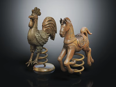 Children Outdoor Playground Equipment With Spring Loaded Rooster And Horse Shapes 3d model