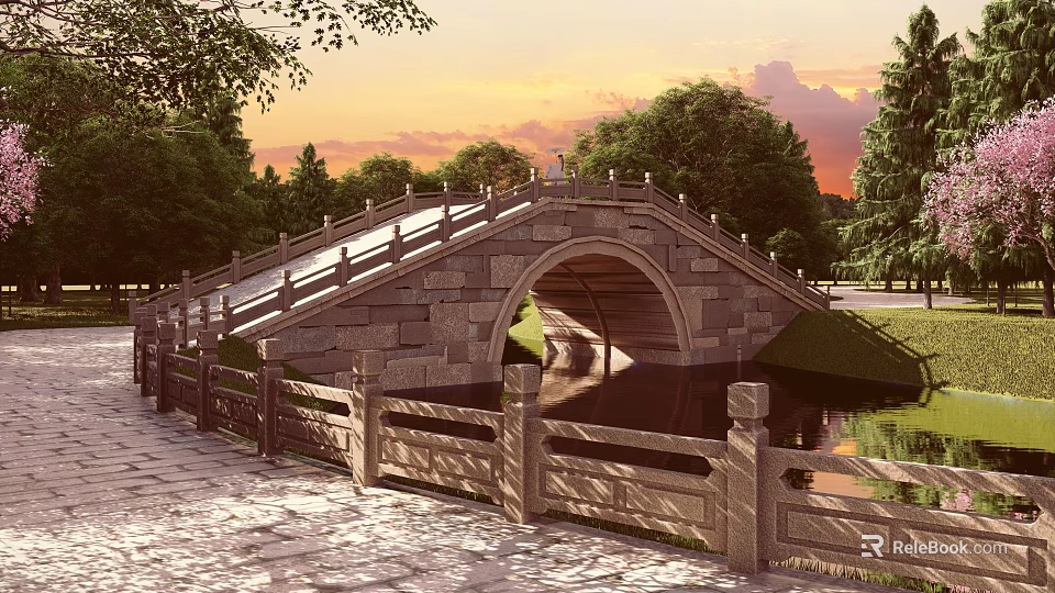 Traditional Stone Arch Bridge With Stone Railing Over Water Surrounded By Trees And Sunset Sky 3d model 