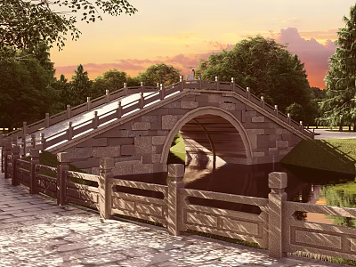 Traditional Stone Arch Bridge With Stone Railing Over Water Surrounded By Trees And Sunset Sky 3d model