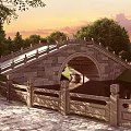 Traditional Stone Arch Bridge With Stone Railing Over Water Surrounded By Trees And Sunset Sky