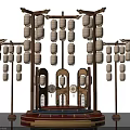 Traditional Stage Design With Hanging Lanterns Wooden Frames And Red Circular Platform 3d model