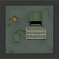 Vintage Computer Setup With Green Monitor Yellow Mug Keyboard And Mouse Pad