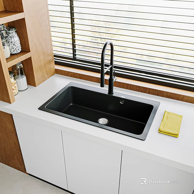 Black Kitchen Sink with Modern Faucet on White Countertop and Wooden Cabinets 3d model 