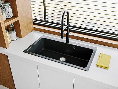 Black Kitchen Sink with Modern Faucet on White Countertop and Wooden Cabinets 3d model