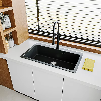 Black Kitchen Sink with Modern Faucet on White Countertop and Wooden Cabinets 3d model