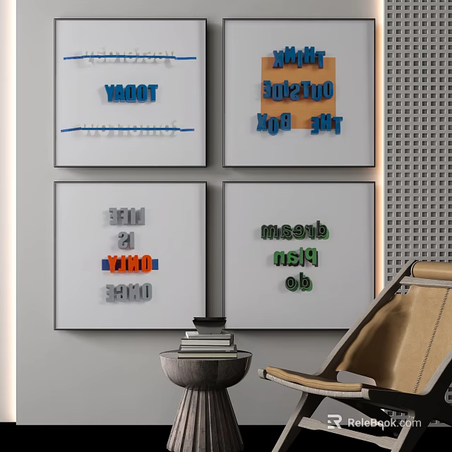 Four Colorful Framed Wall Art With Text Designs In Modern Living Room 3d model 