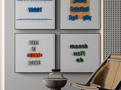 Four Colorful Framed Wall Art With Text Designs In Modern Living Room 3d model