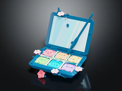 Blue Makeup Palette with Multiple Colored Eyeshadows and Pink Flower Decorations Included Small Brush 3d model