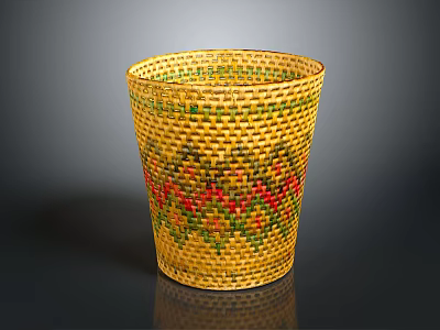 Woven Yellow Basket With Green Red Patterns For Home Daily Essentials Storage 3d model