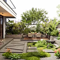 Modern Outdoor Garden With Patio Seating Lush Greenery Stone Pathway And Fire Pit